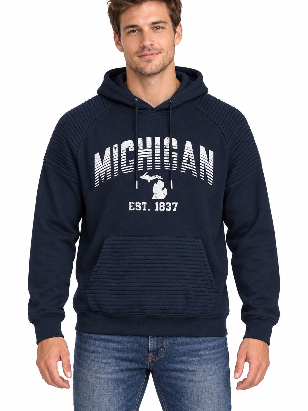 NWT Basix of America Michigan Est. 1837 Unisex Navy Pullover Hoodie – Size M